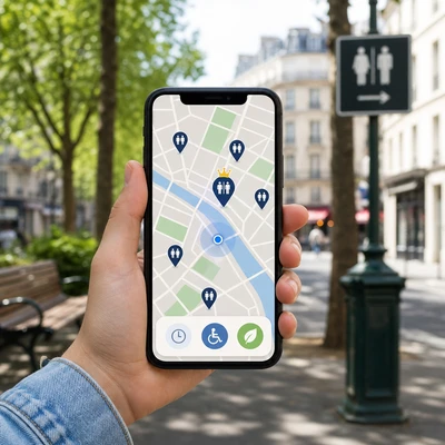 Smartphone affichant une carte de toilettes publiques proches avec filtres de distance, horaires et accessibilité.