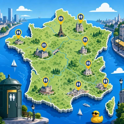 Carte stylisée de la France avec des icônes de toilettes publiques dans plusieurs grandes villes, pour comparer l’équipement urbain.